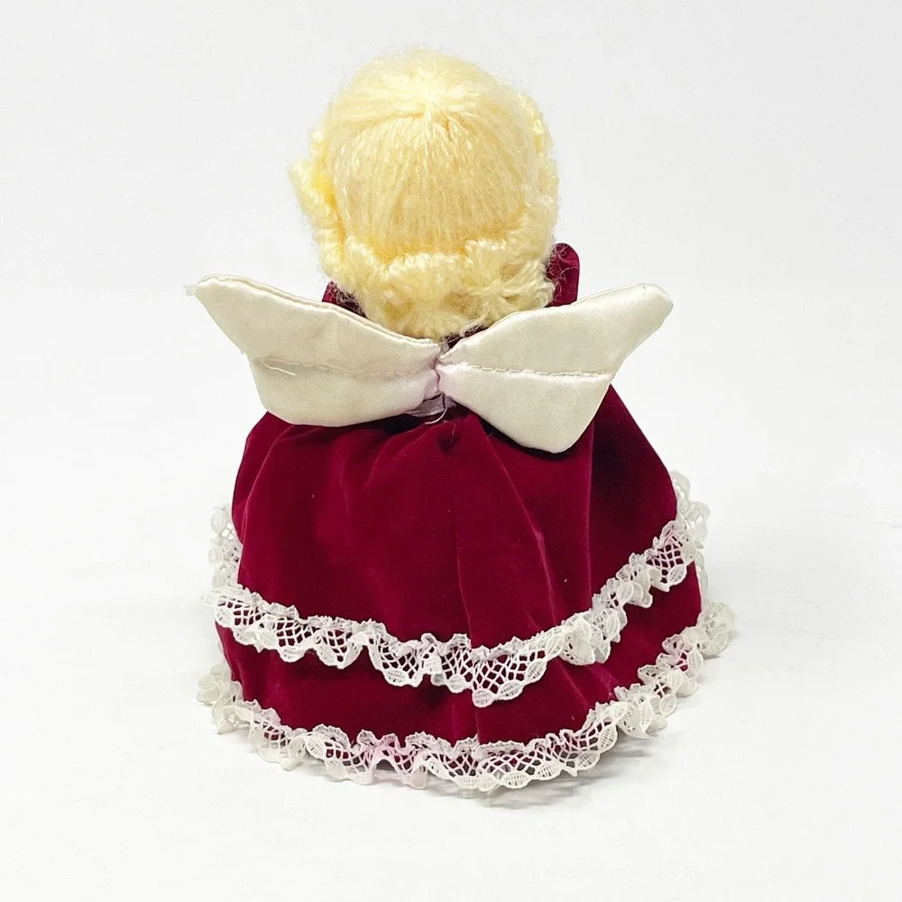 Vintage Christmas Angel Doll 6.5in Burgundy Velvet Lace Dress Praying NOS